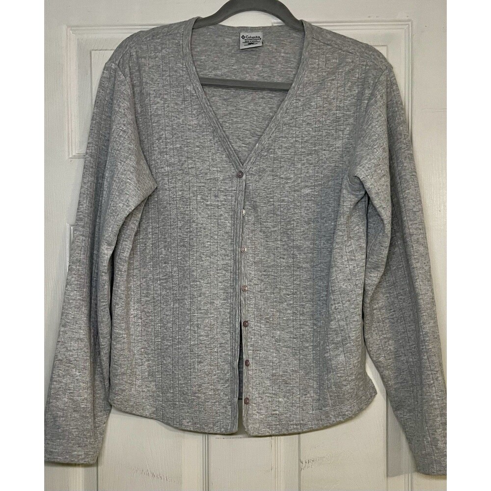 Vintage Columbia SZL Heather Gray Ribbed Knit Button Down Cardigan Long Sleeve